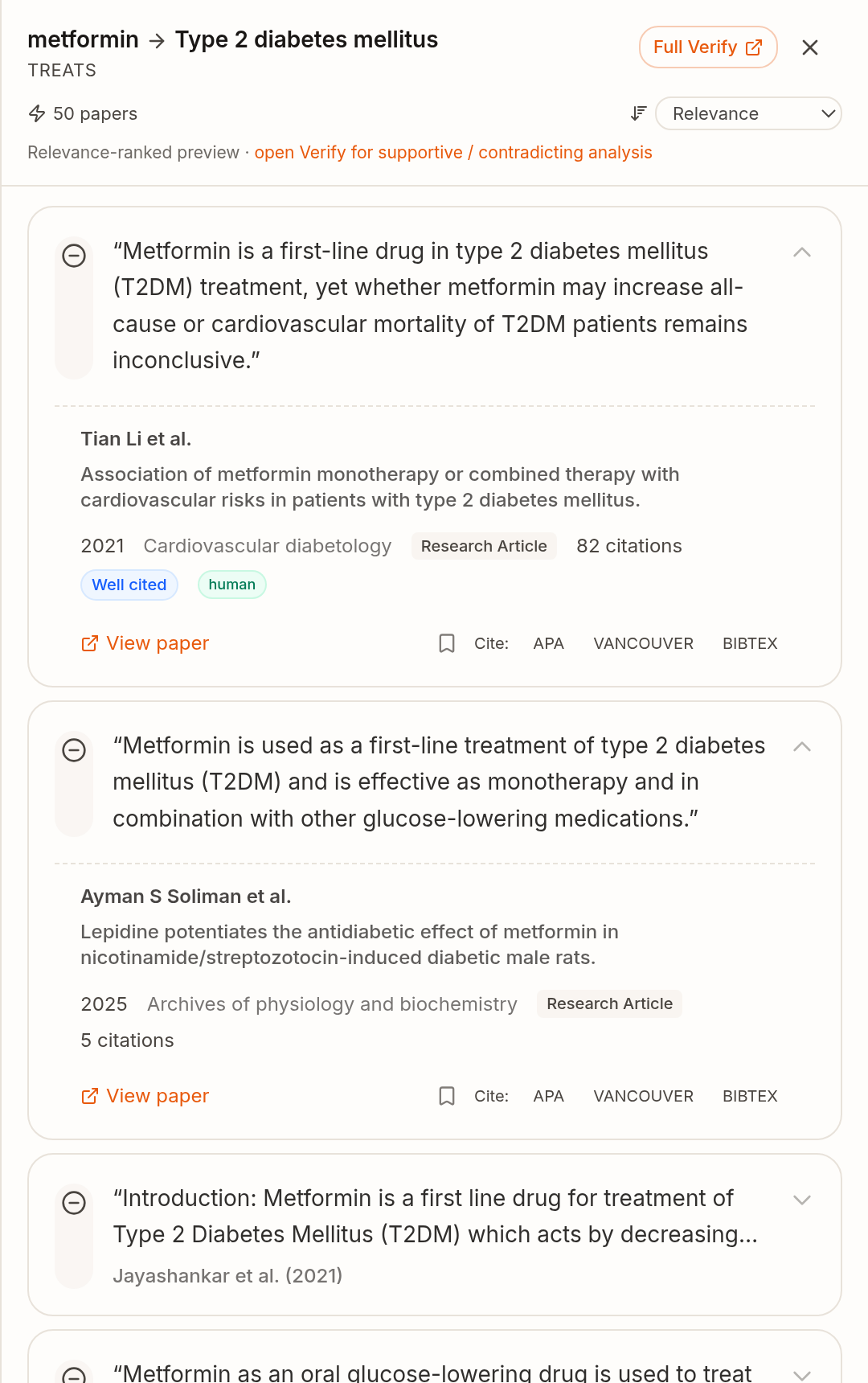 Evidence drawer showing 50 real papers behind metformin → type 2 diabetes